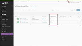 Requests page with the Approval status column highlighted. The cursor is over a Pending status